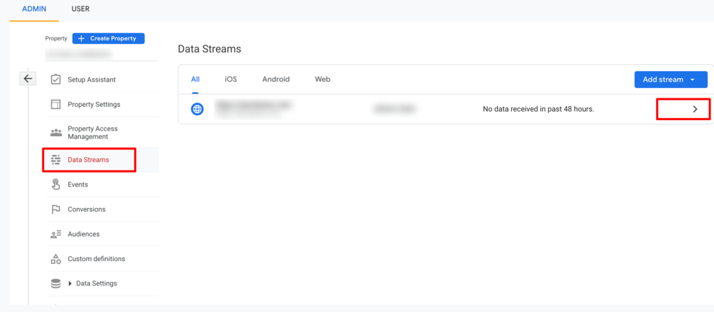 This image shows the stream list on a Google Analytics account 