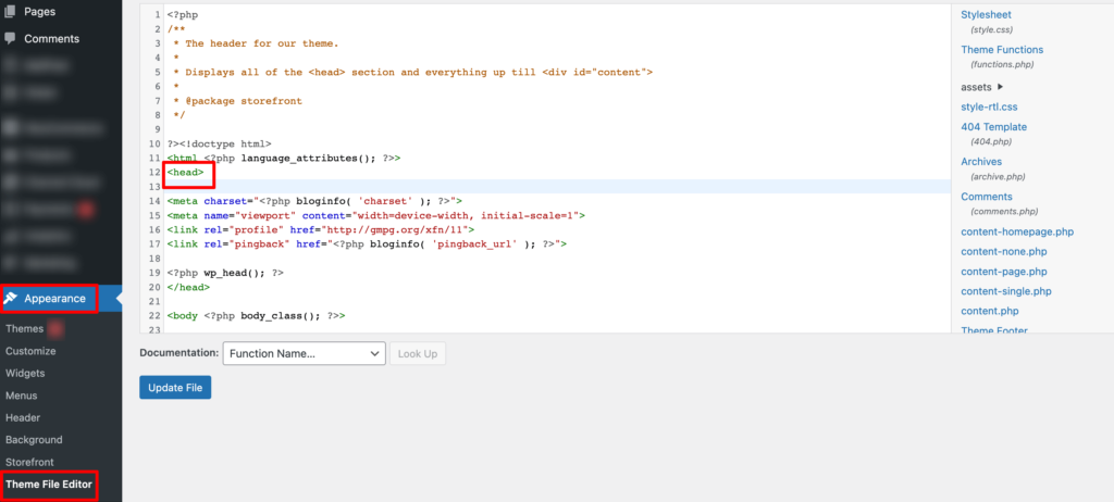 This is a screenshot that shows where to paste the Google Analytics tracking code in the theme file editor.