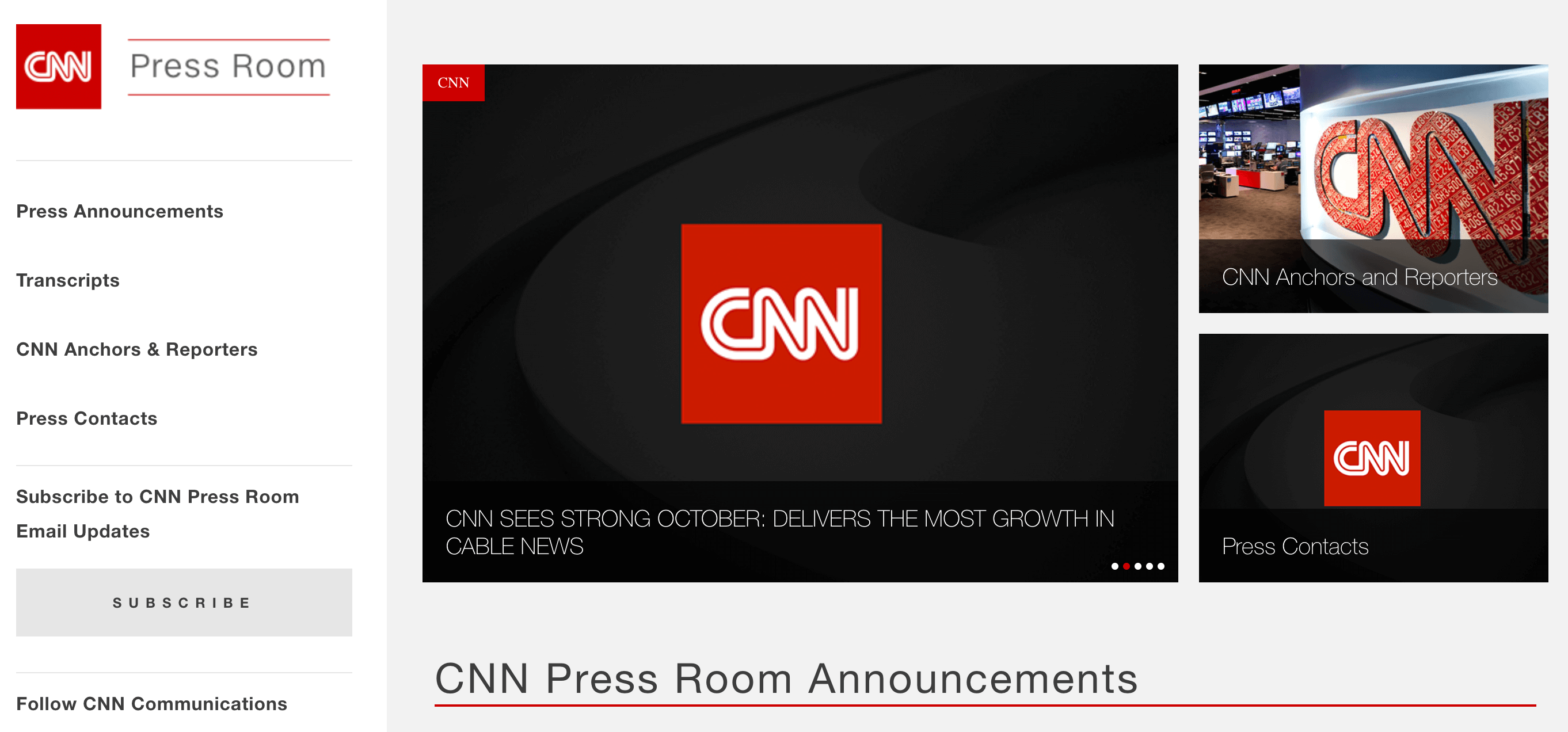This is the screenshot of the CNN press room homepage