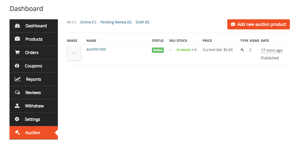 A screenshot of Auction Dashboard