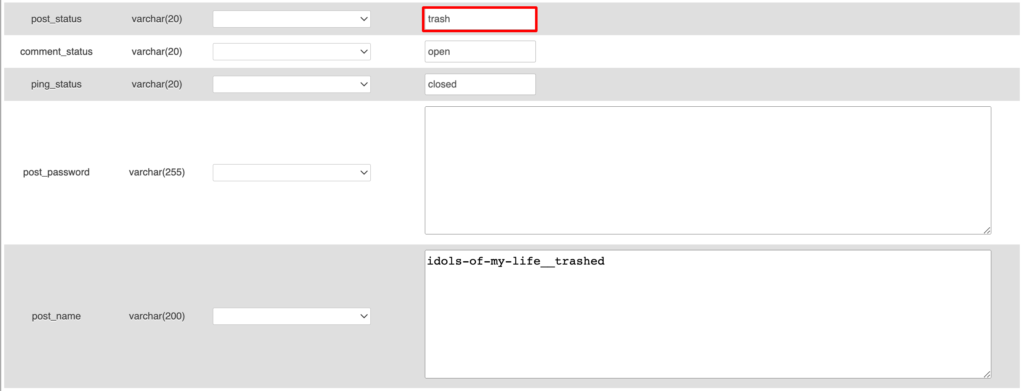 A screenshot from your cpanel to change the post status of your deleted post