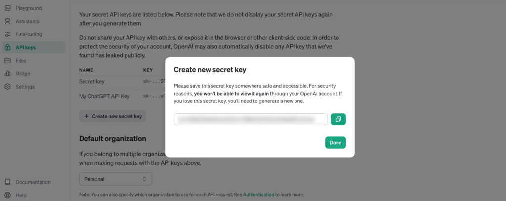 This screenshot shows the newly created secret API key 