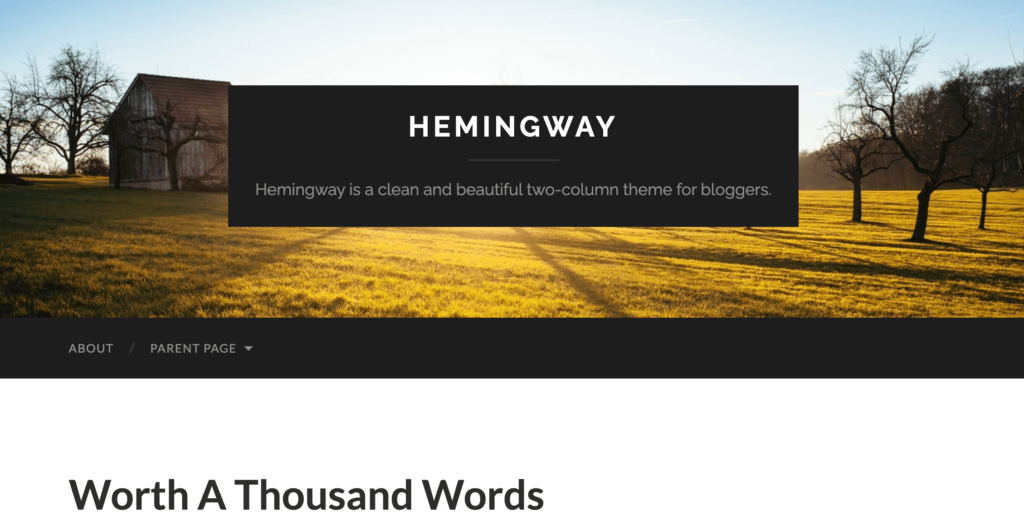 This is a screenshot of the Hemingway theme- one of the best free WordPress themes for bloggers