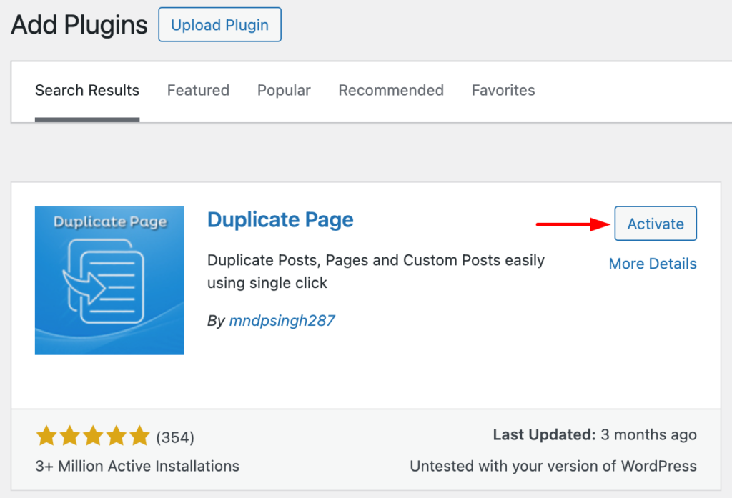 A screenshot to install duplicate page plugin