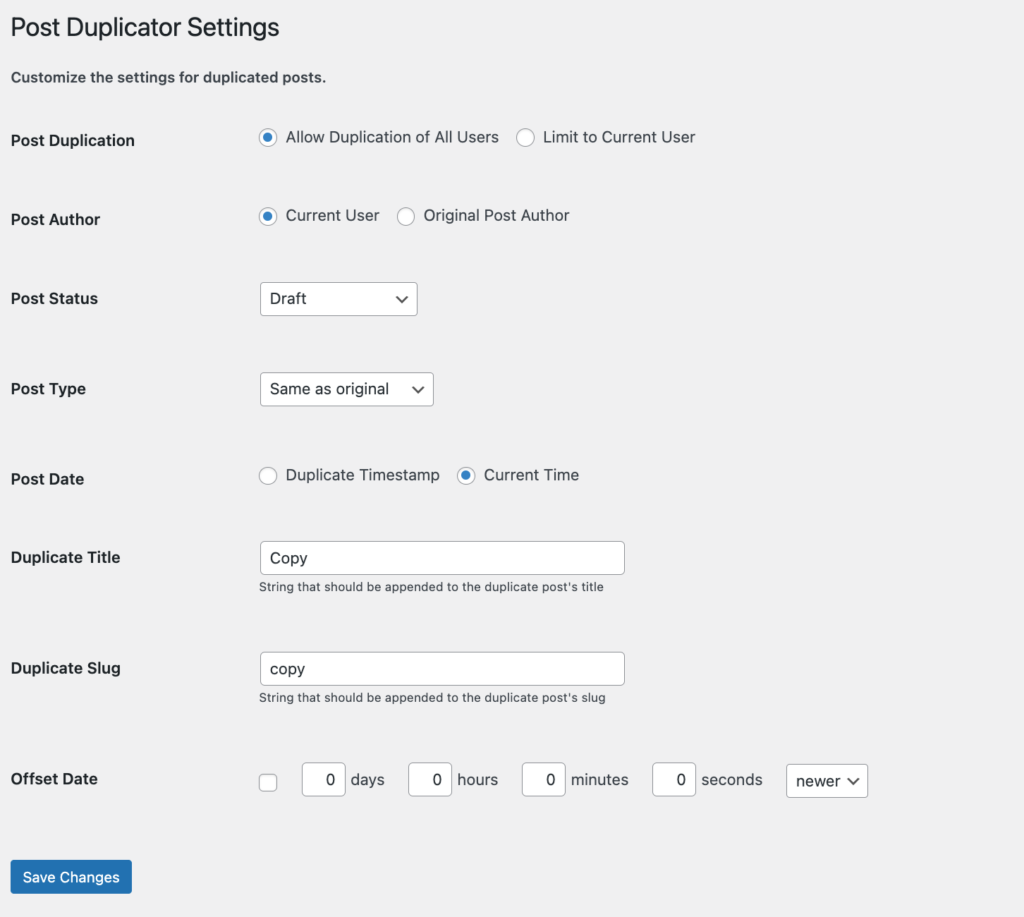 A screenshot to post duplicator settings