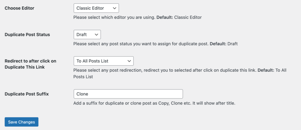 A screenshot to define setting options inside Duplicate Page