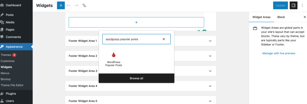 This screenshot shows how to add the WordPress popular posts block