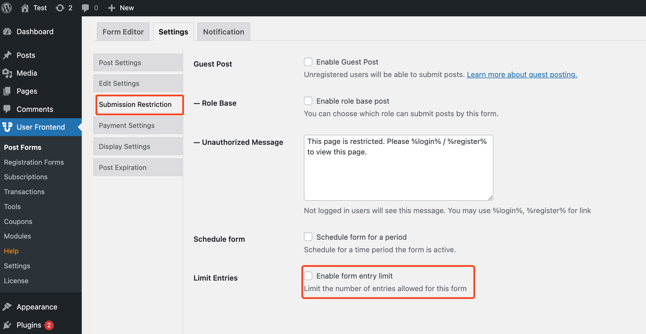 Limiting post-form entries