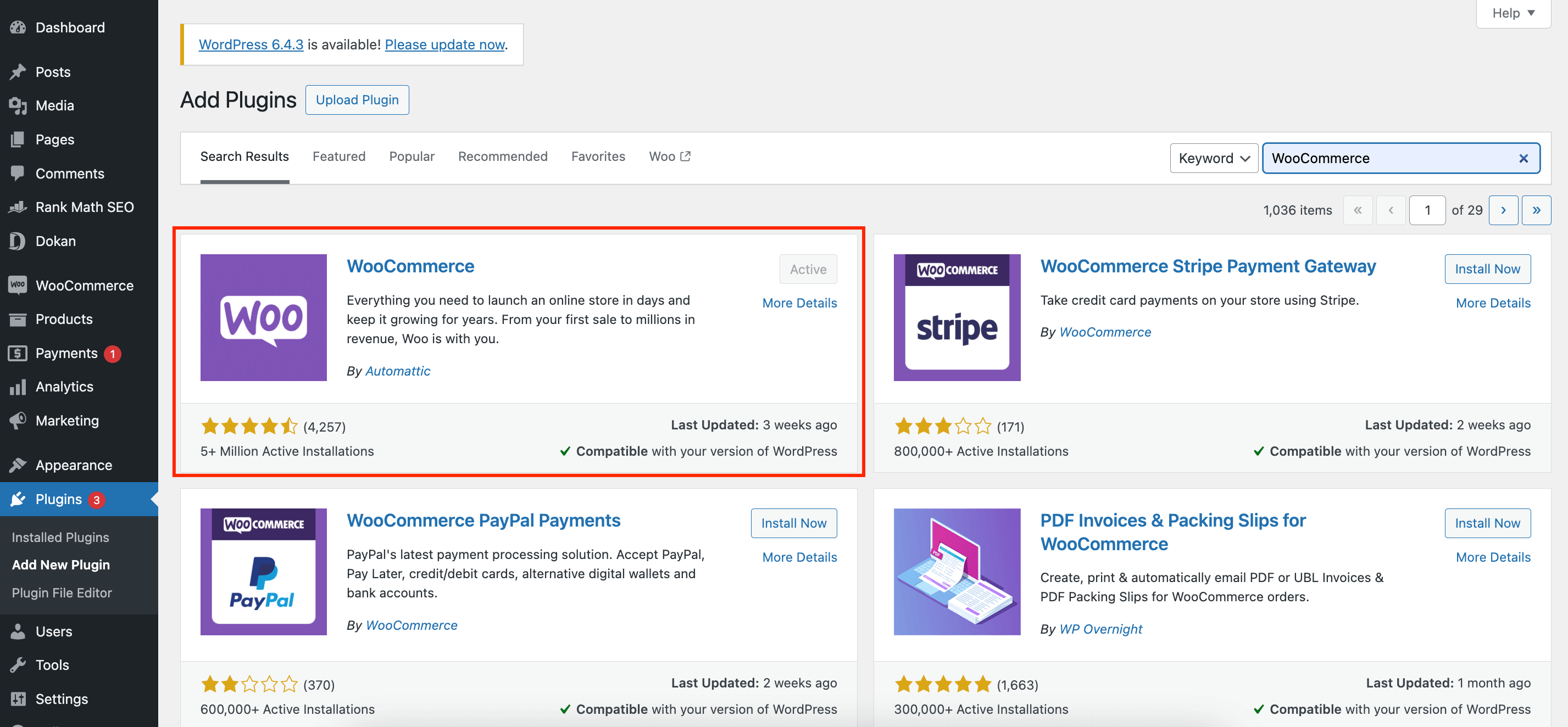 This is a screenshot of installing WooCommerce