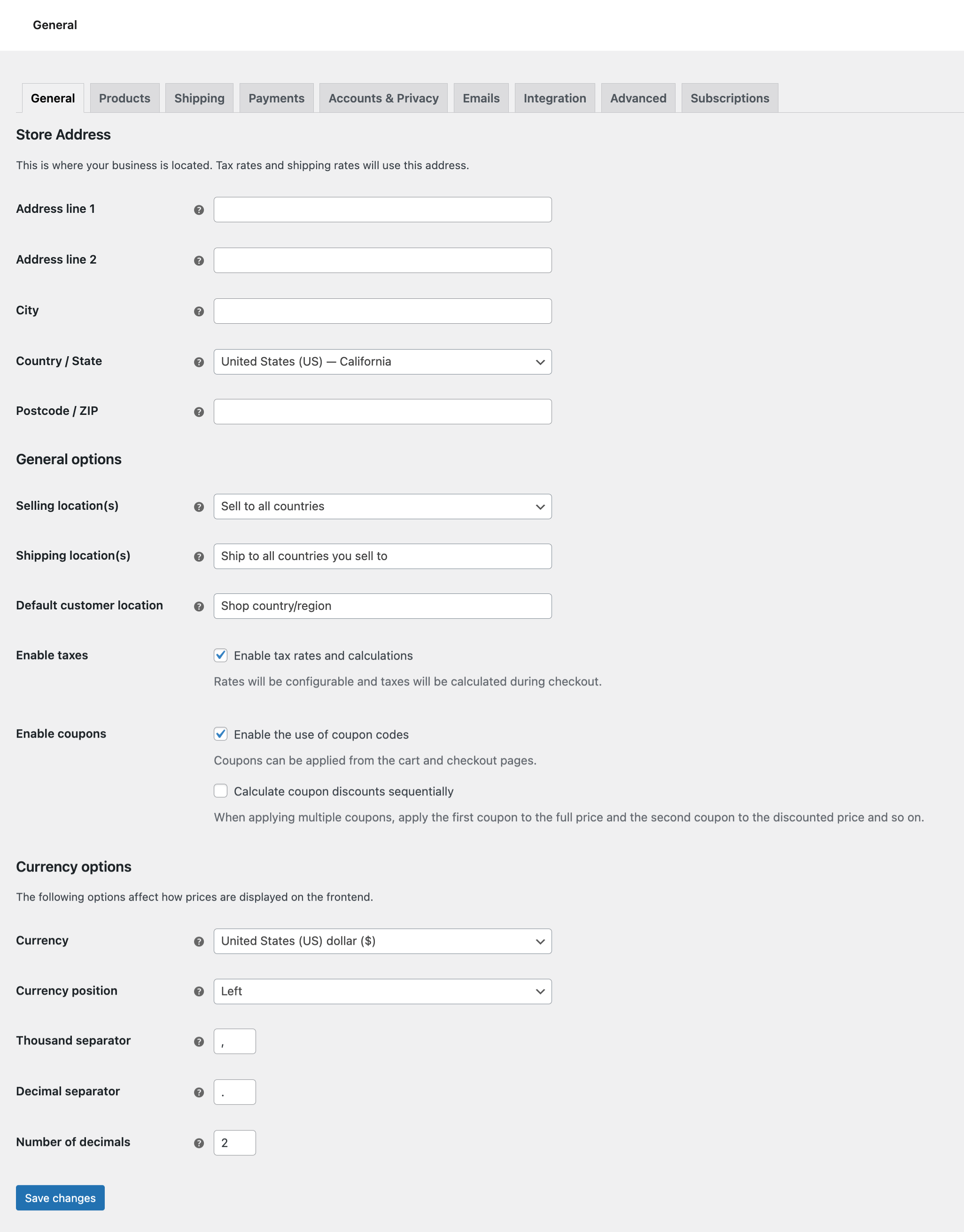 This is a screenshot of the WooCommerce Settings
