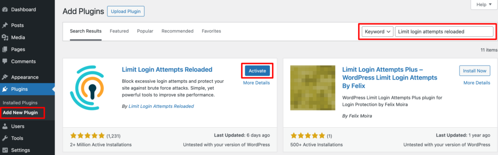 This screenshots shows how to install and activate the Limit Login Attempts Reloaded plugin
