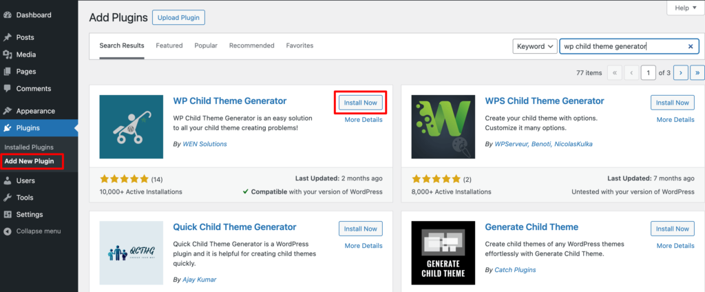 This image shows how to install the WP Child Theme Generator plugin
