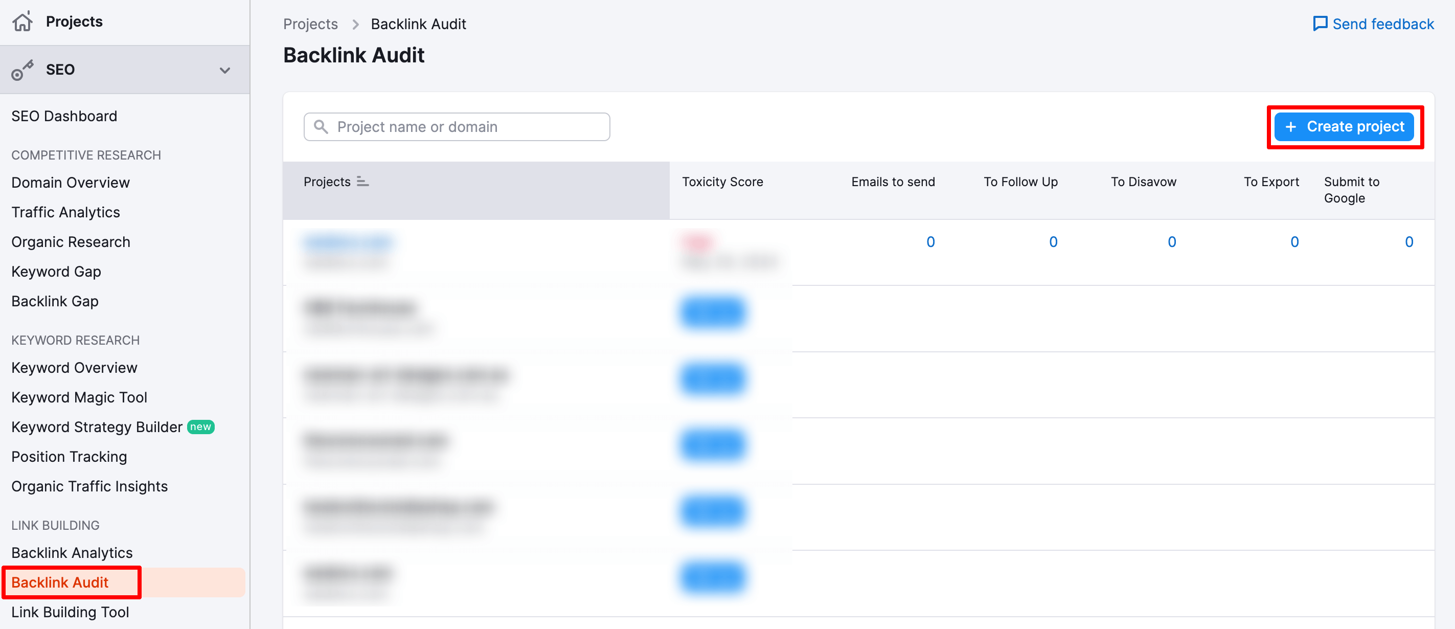 This image shows the backlink audit option of the SEMrush account. 