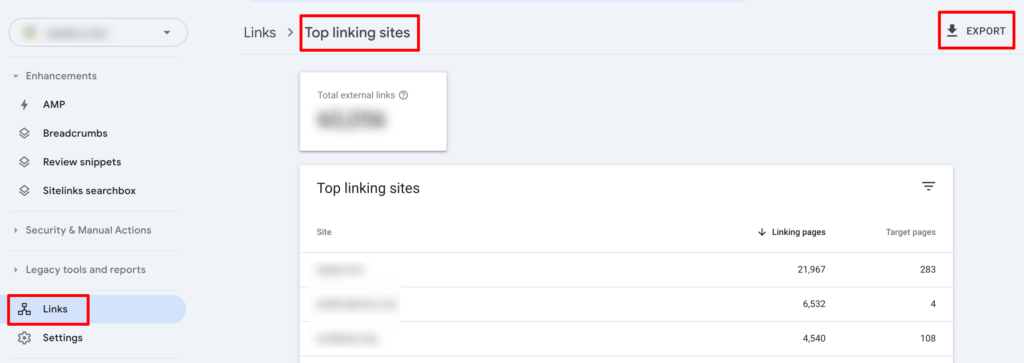 This image shows the top linking sites of a website on Google Search Console