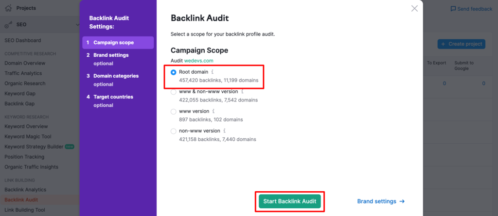 This image shows the Backlink Audit option of the SEMrush tool. 