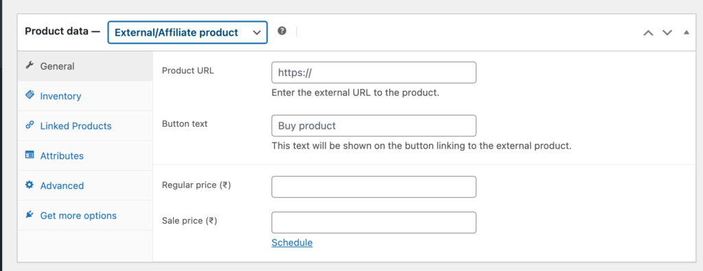 This is a screenshot of WooCommerce External/Affiliate Products