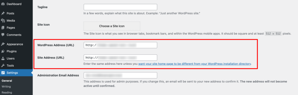 This image shows how to change WordPress address URL from the backend