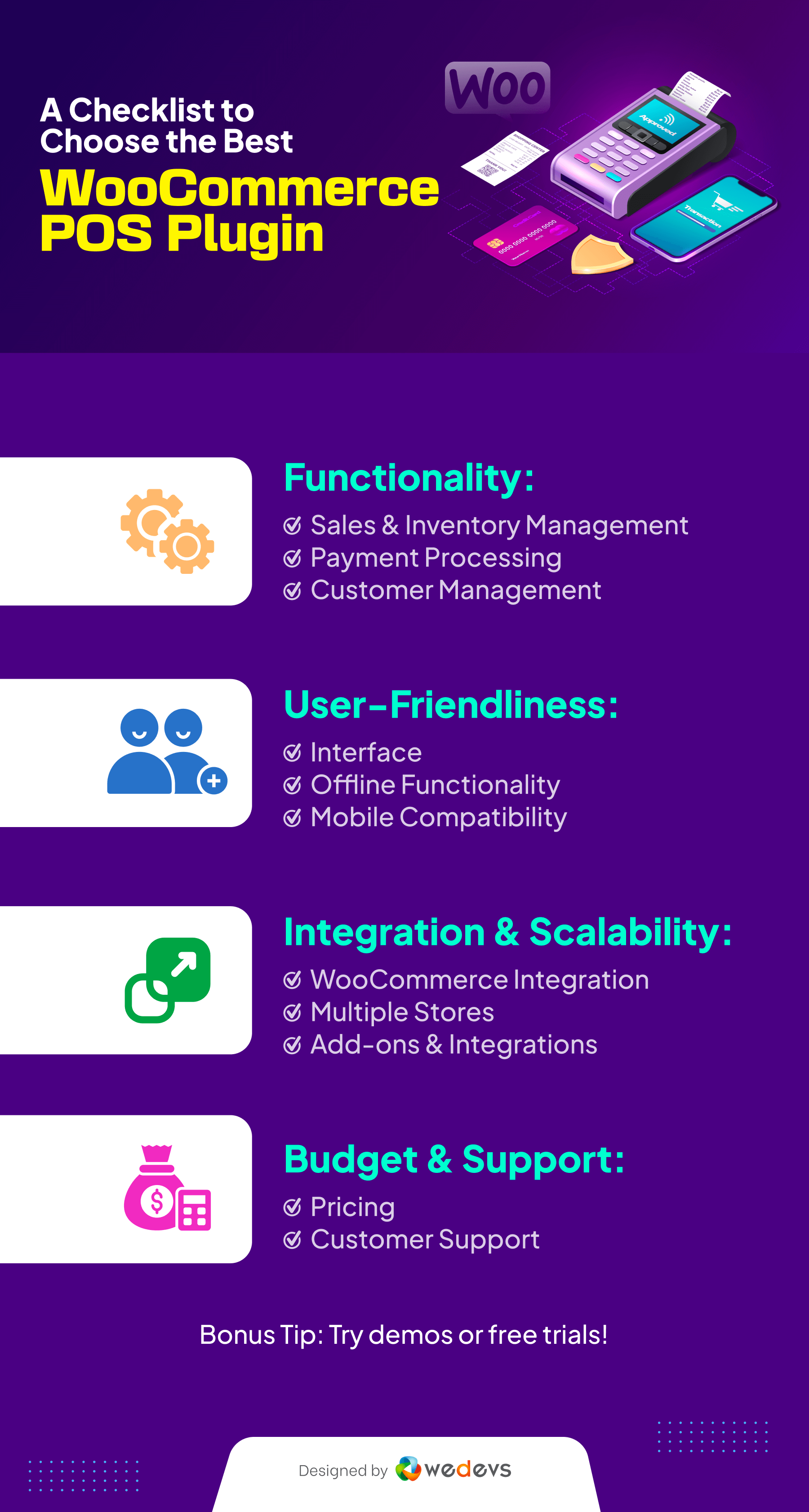 This is an infographic that shows a checklist to choose the best WooCommerce POS plugin