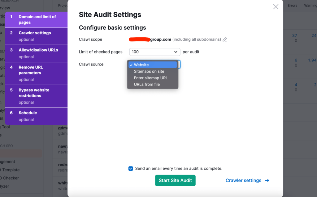 This is a Screenshot of Adding SEMRush Audit Popup