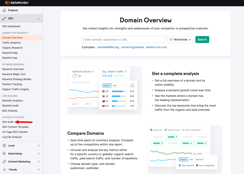 This is a screenshot of Site Audit option of SEMRush