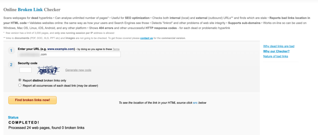 This is a screenshot of online broken link checker