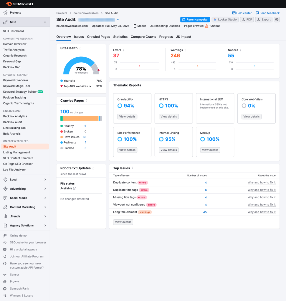 This is a screenshot of the site audit overview