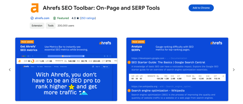 This is a screenshot of the Ahrefs SEO tool Chrome extension
