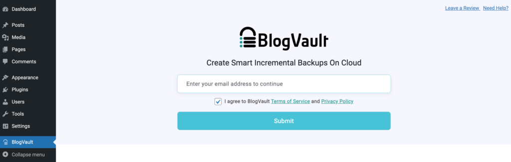 This image shows the BlogVault sign-up form