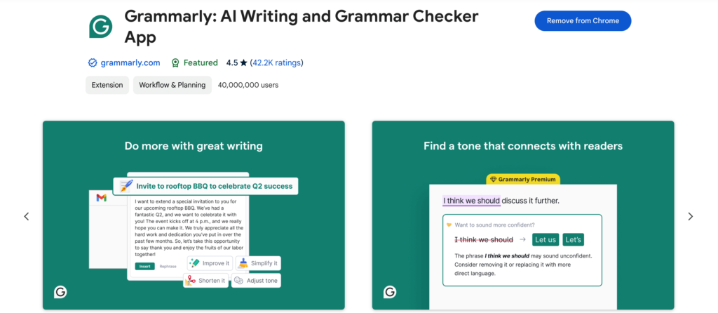 This is a screenshot of the Grammarly chrome extension
