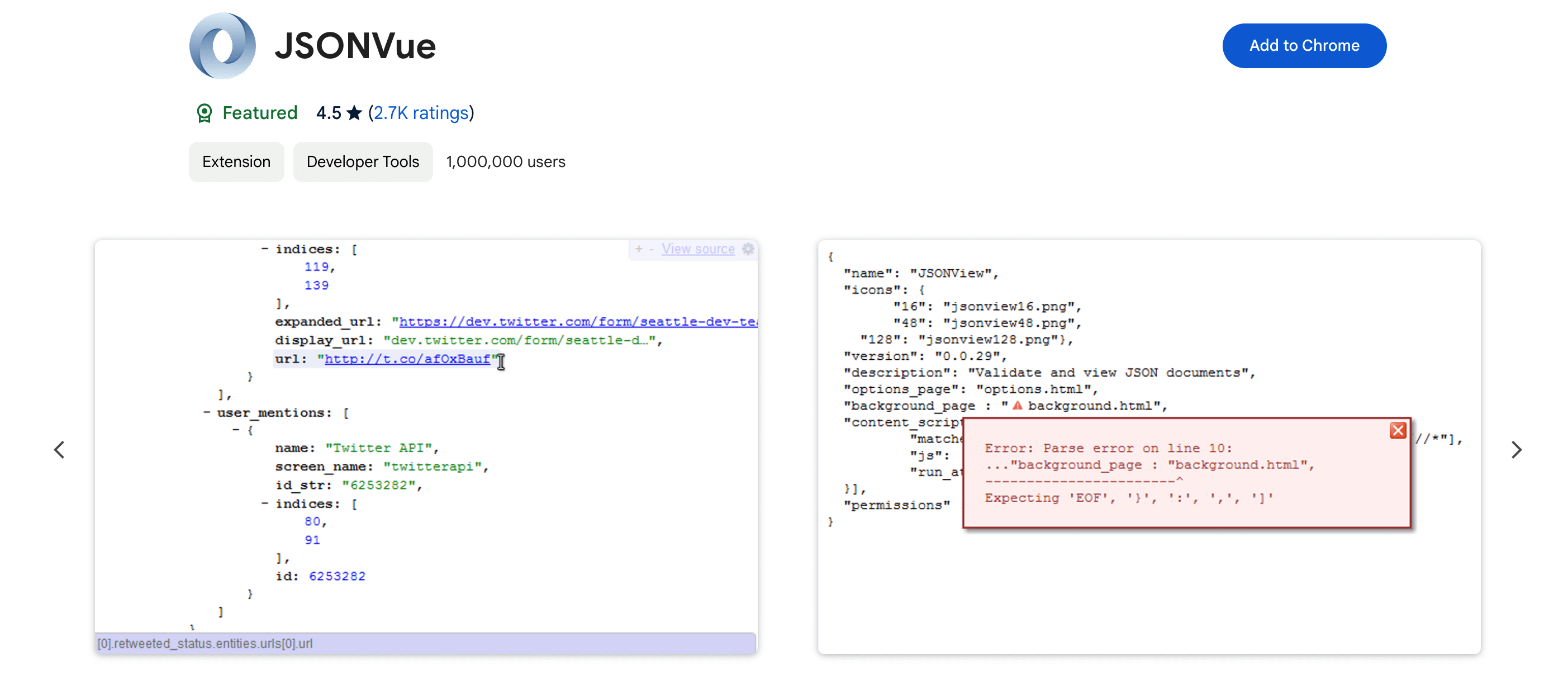 This is a screenshot of the JSONview Chrome WordPress extension
