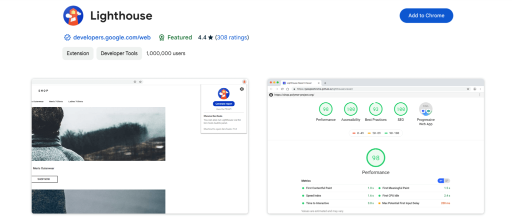 This is a screenshot of the Lighthouse Chrome WordPress extension