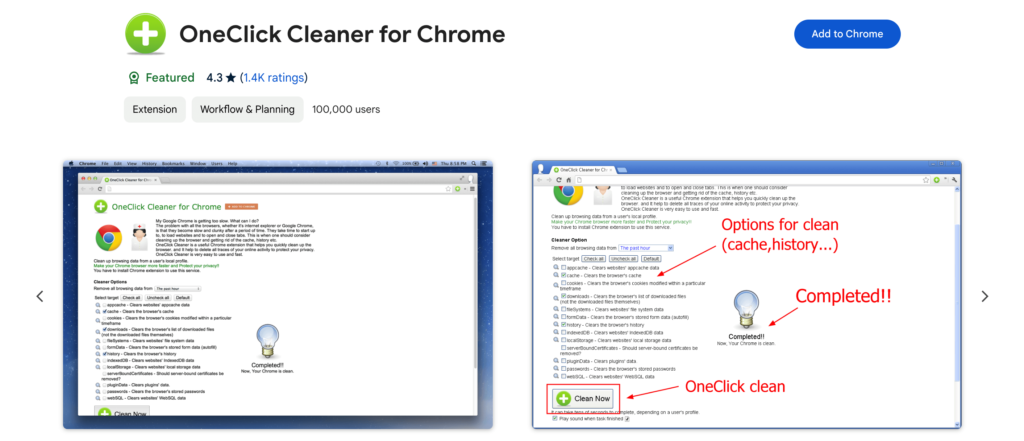 This is a screenshot of the OneCleaner Chrome extension