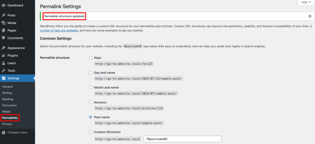 This is a screenshot of the Permalink Setting of WordPress dashboard