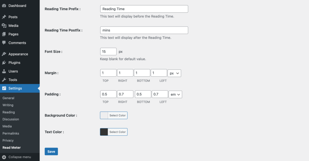 This image shows how to customize the blog read time settings