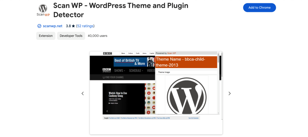 This is a screenshot of the Scan WP chrome extension for WordPress users