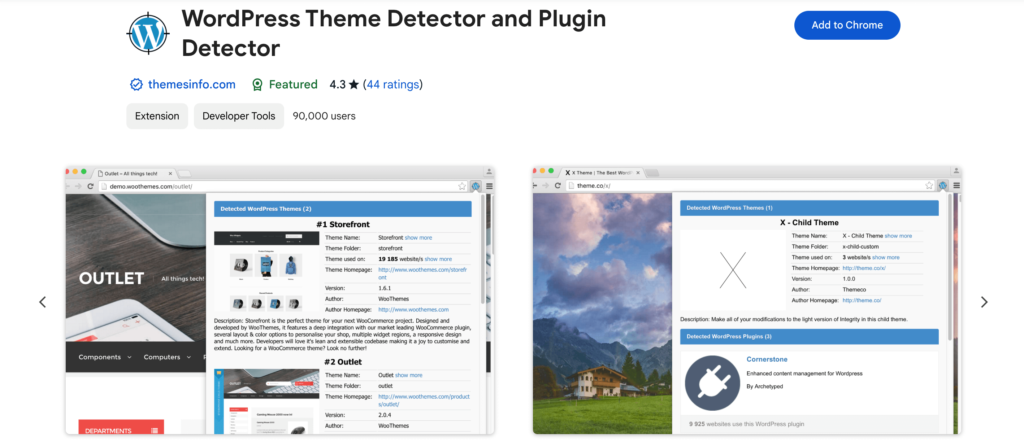 This is a screenshot of WordPress theme detector Chrome WordPress extension