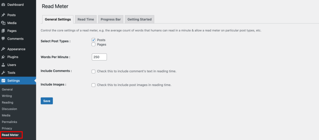 This image shows how to configure the General Settings of the Read Meter plugin