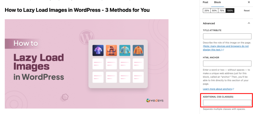 This image shows how to add additional CSS class in WordPress 