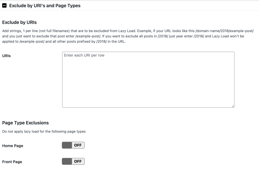 This image shows how to exclude any page by URL to lazy load