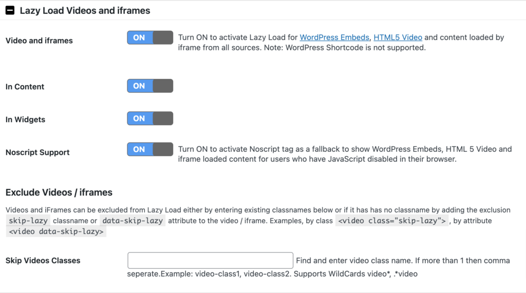 This is the videos and iFrames settings of the Image Lazy Load plugin