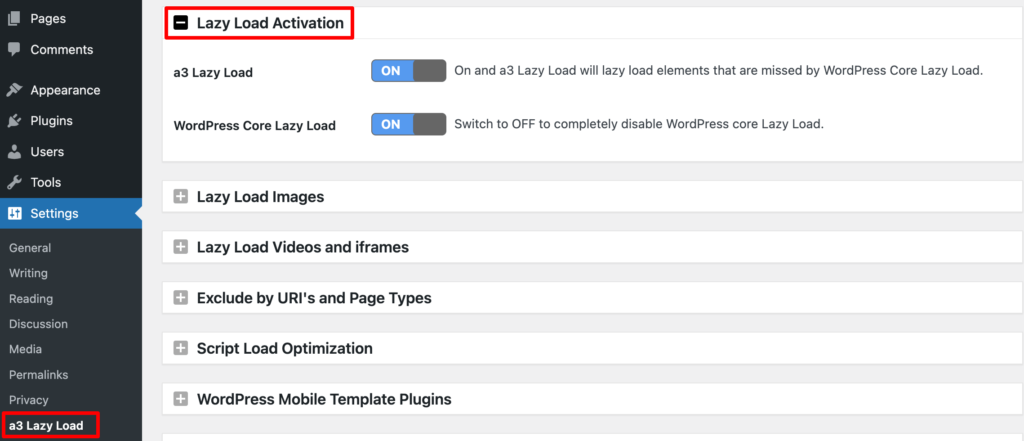 This image shows the settings of the a3 Lazy Load plugin