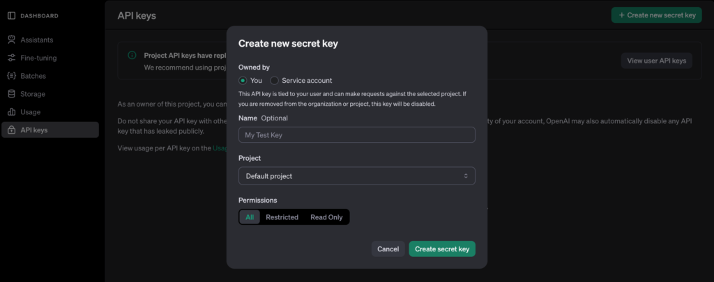 This screenshot shows how to insert a name for your new secret key