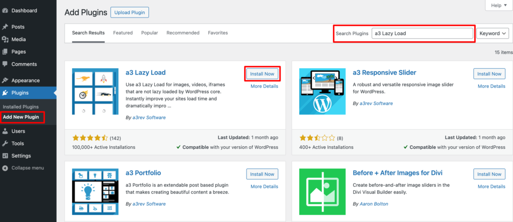 This screenshot shows how to install the a3 Image Lazy Load plugin from the WordPress dashboard