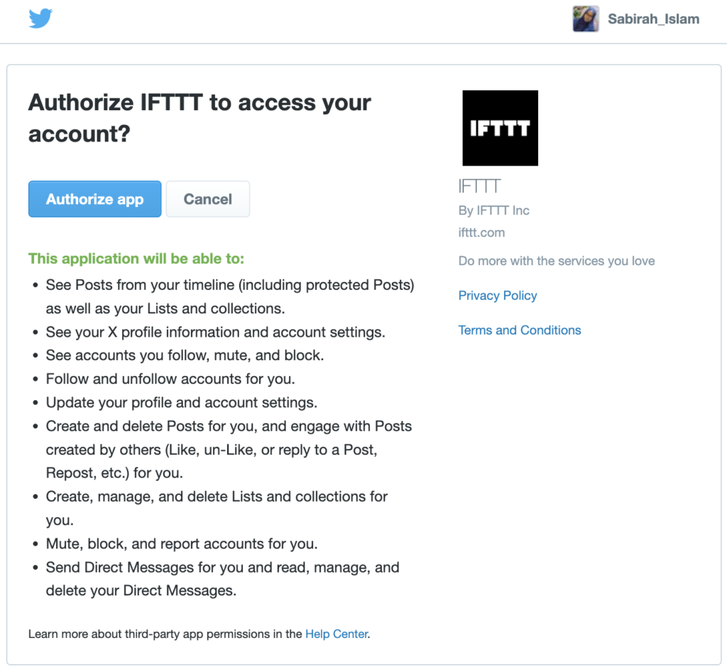 This is a screenshot to authorize your twitter account on IFTTT- how to automatically tweet WordPress posts