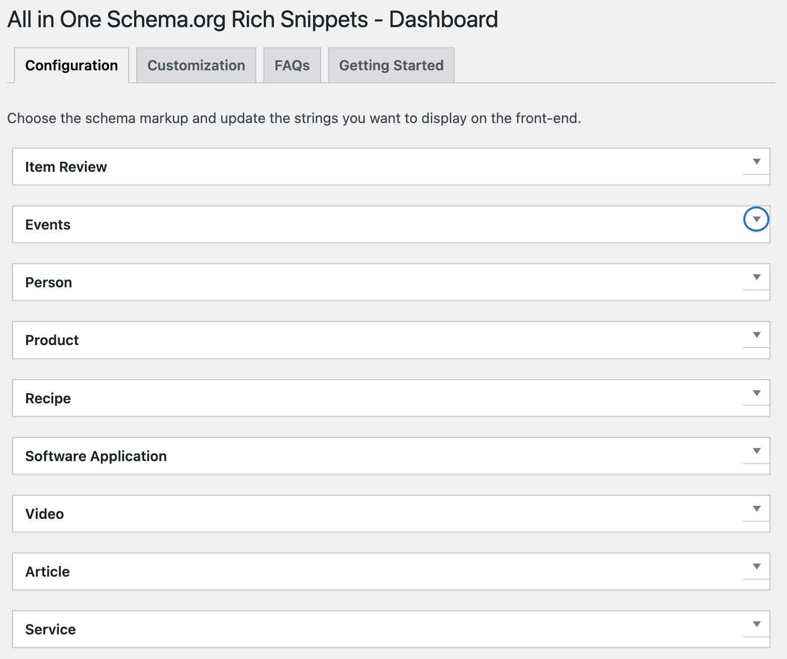 A screenshot to configuration of rich snippets 