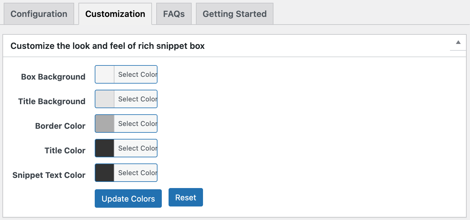 A screenshot to customize your rich snippets plugin