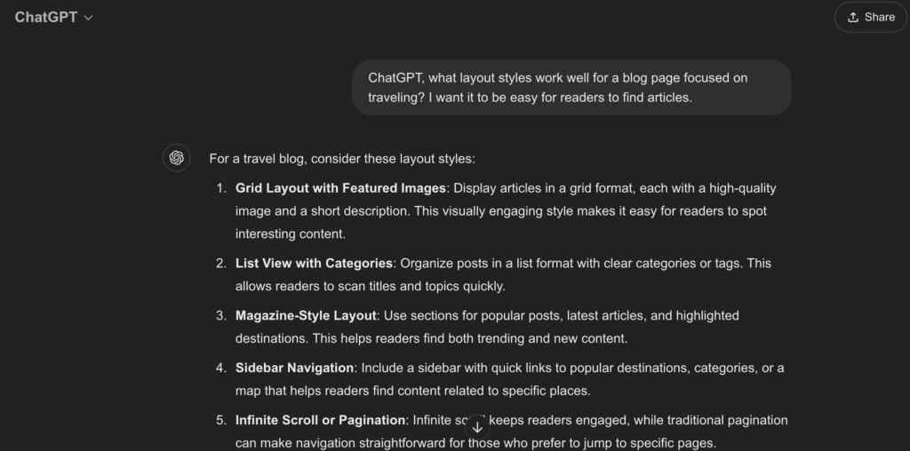 This is the chatgpt generated suggestions for choosing a layout for a travel blogging site