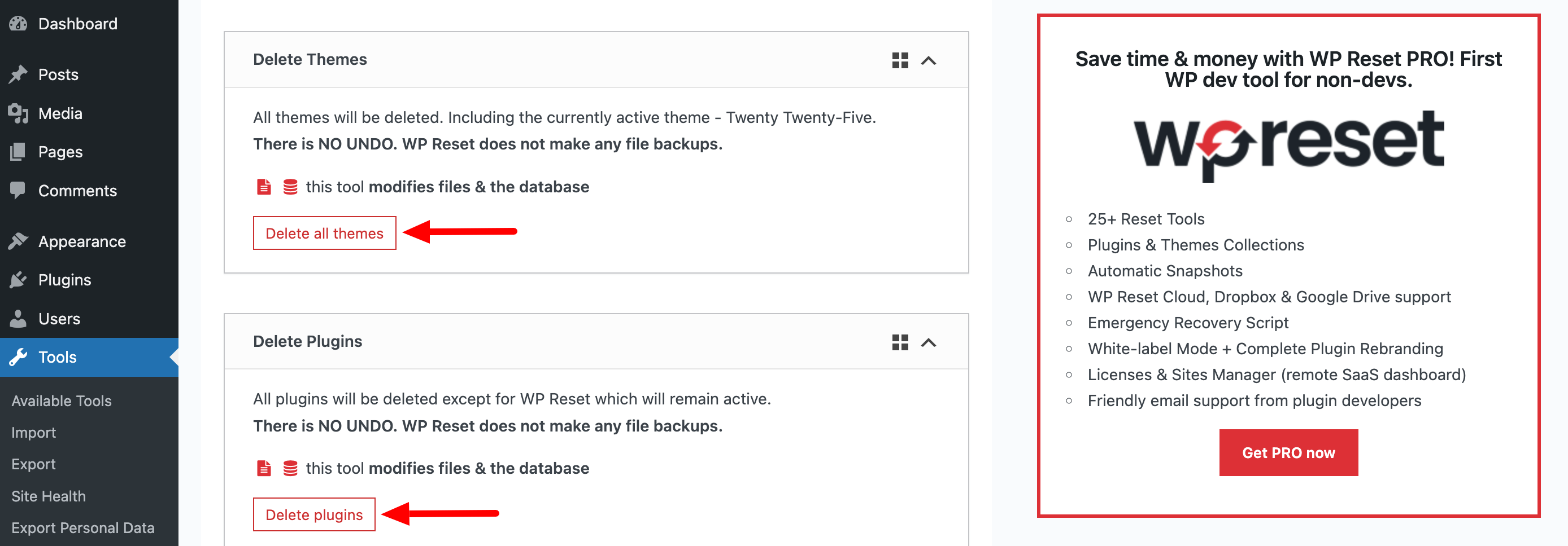 This image shows how to completely delete all themes and plugins.