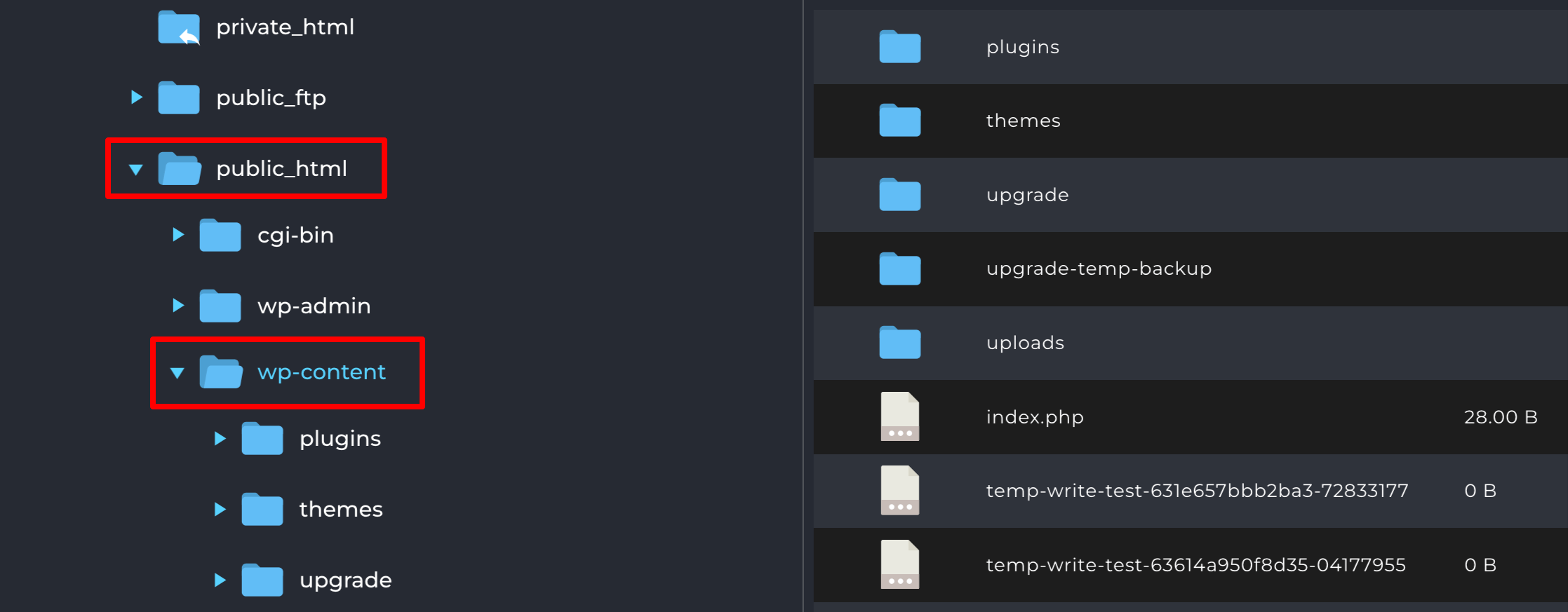 This image shows the public_html and wp-content forlders