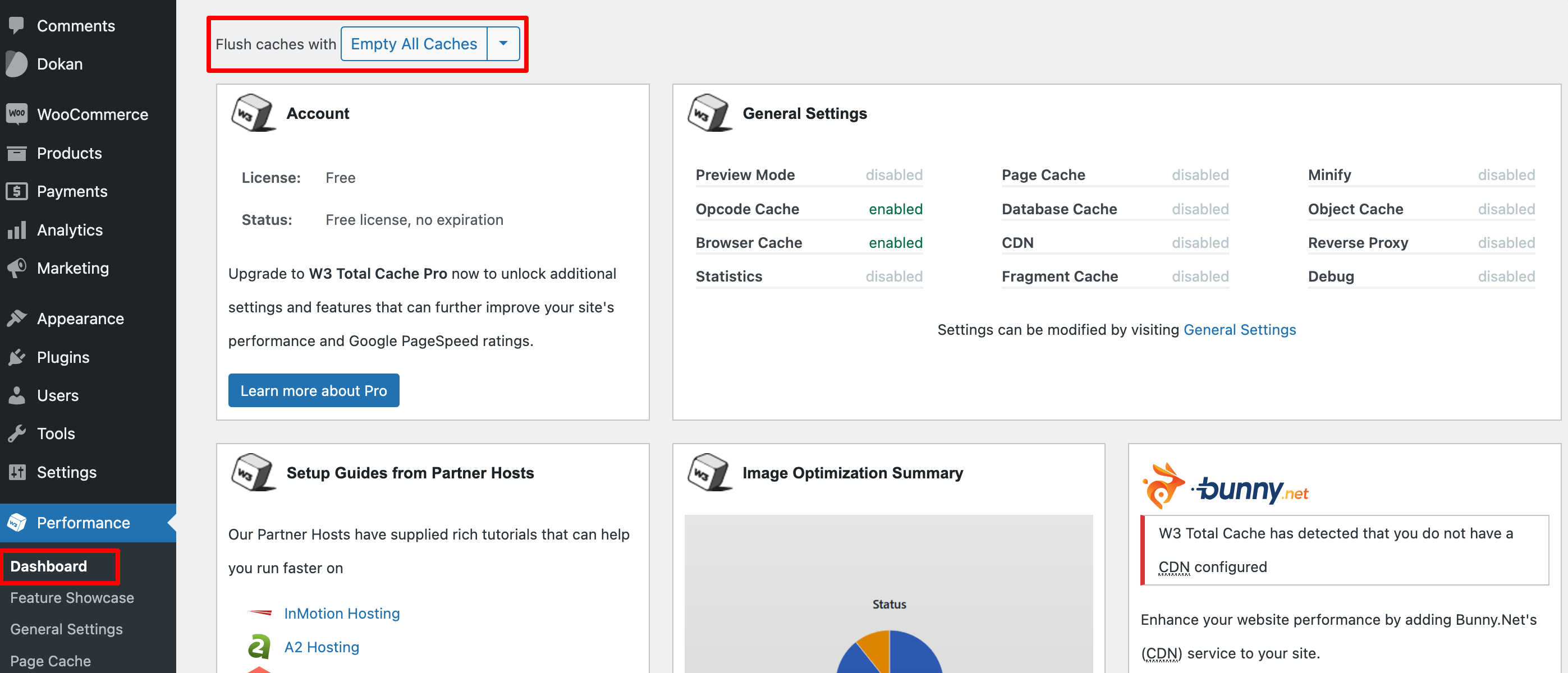 This image shows how to empty all caches using W3 total cache